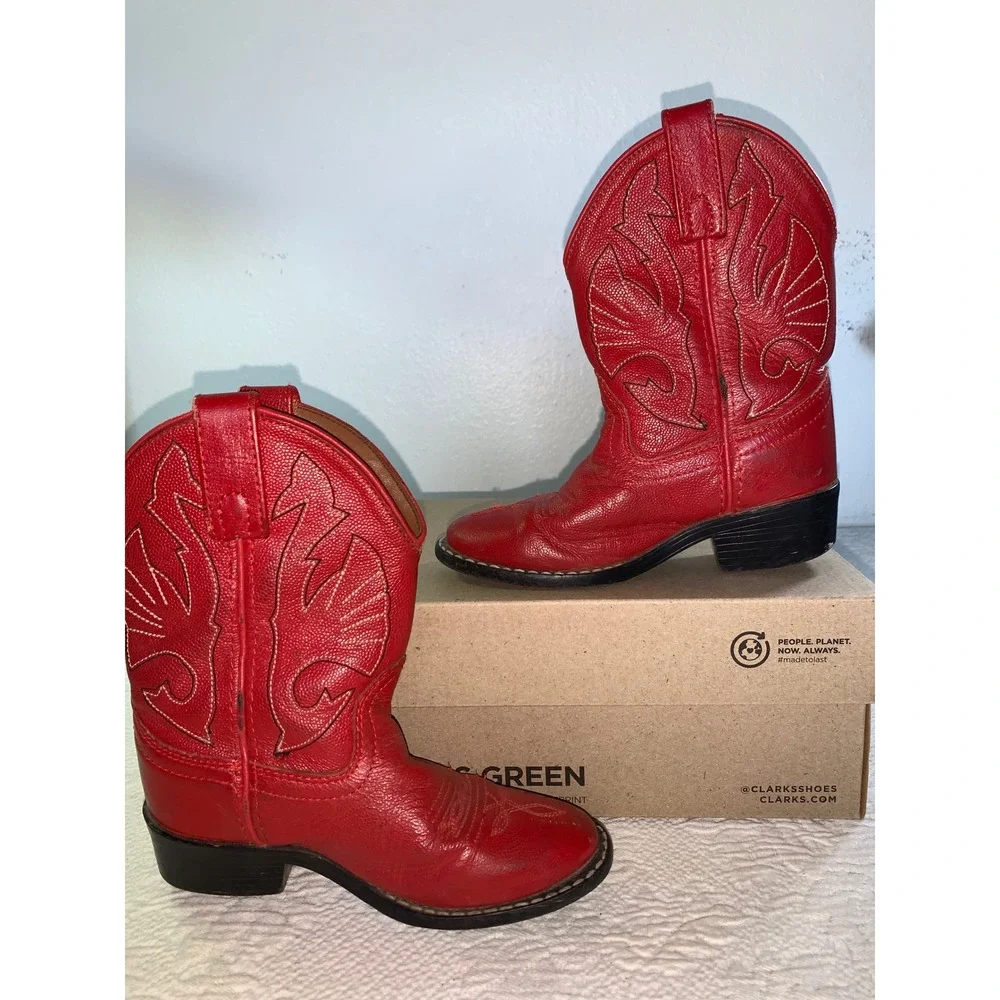 Acme Kids Red Leather Western Cowboy Boots Stitching AC155C Size 10D